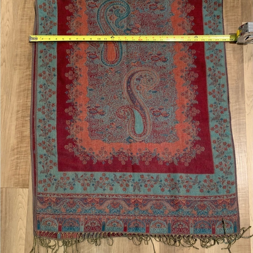 Women’s Paisley Fringed Burgundy and Green Scarf Shawl Wrap - Picture 6 of 7